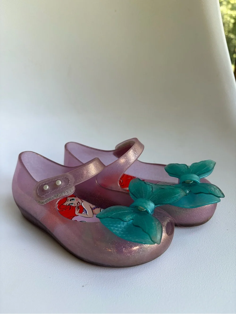Mini Melissa size 9 Jelly Mary Jane Glitter Bow Shoes with The Little Mermaid